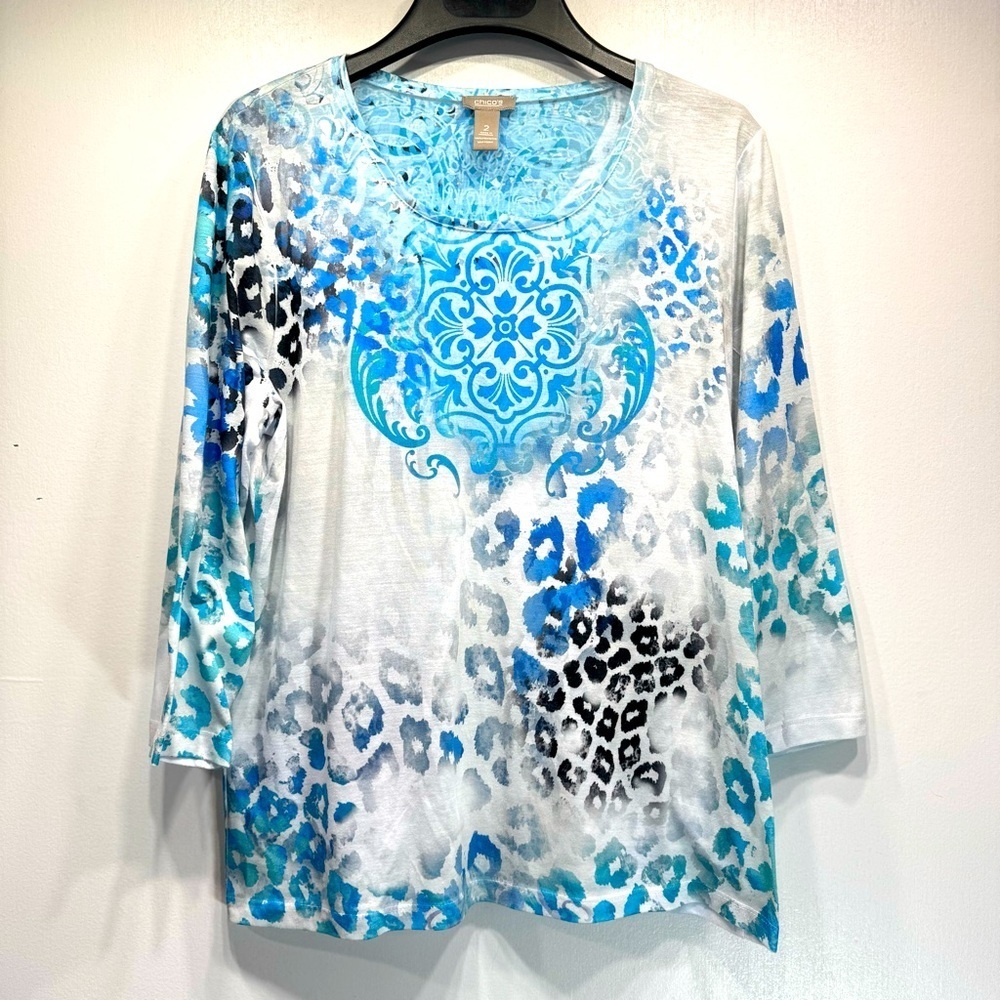 Chico’s Leopard Animal Print Blue Teal Gray Semi Sheer 3/4 Sleeve Top Size 2/L